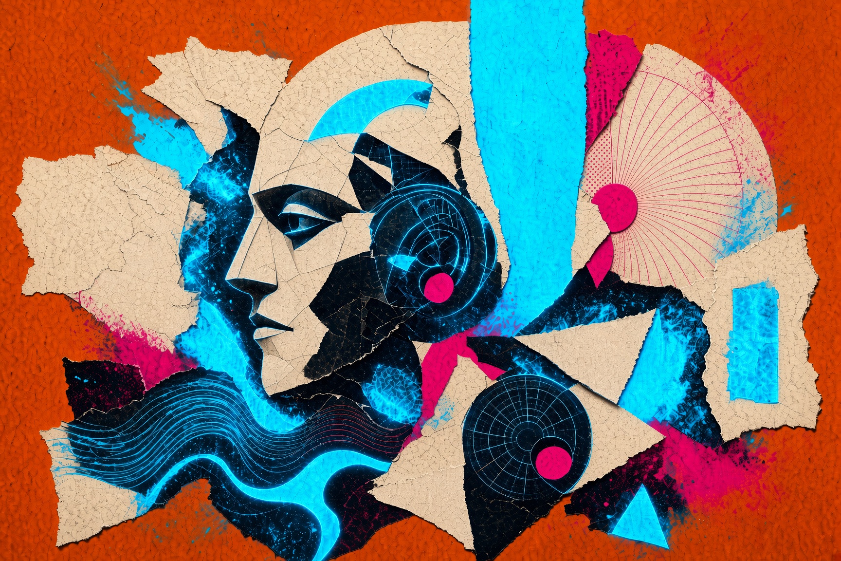 Xeroxed face cut from orange paper, cyan voltage through the jaw