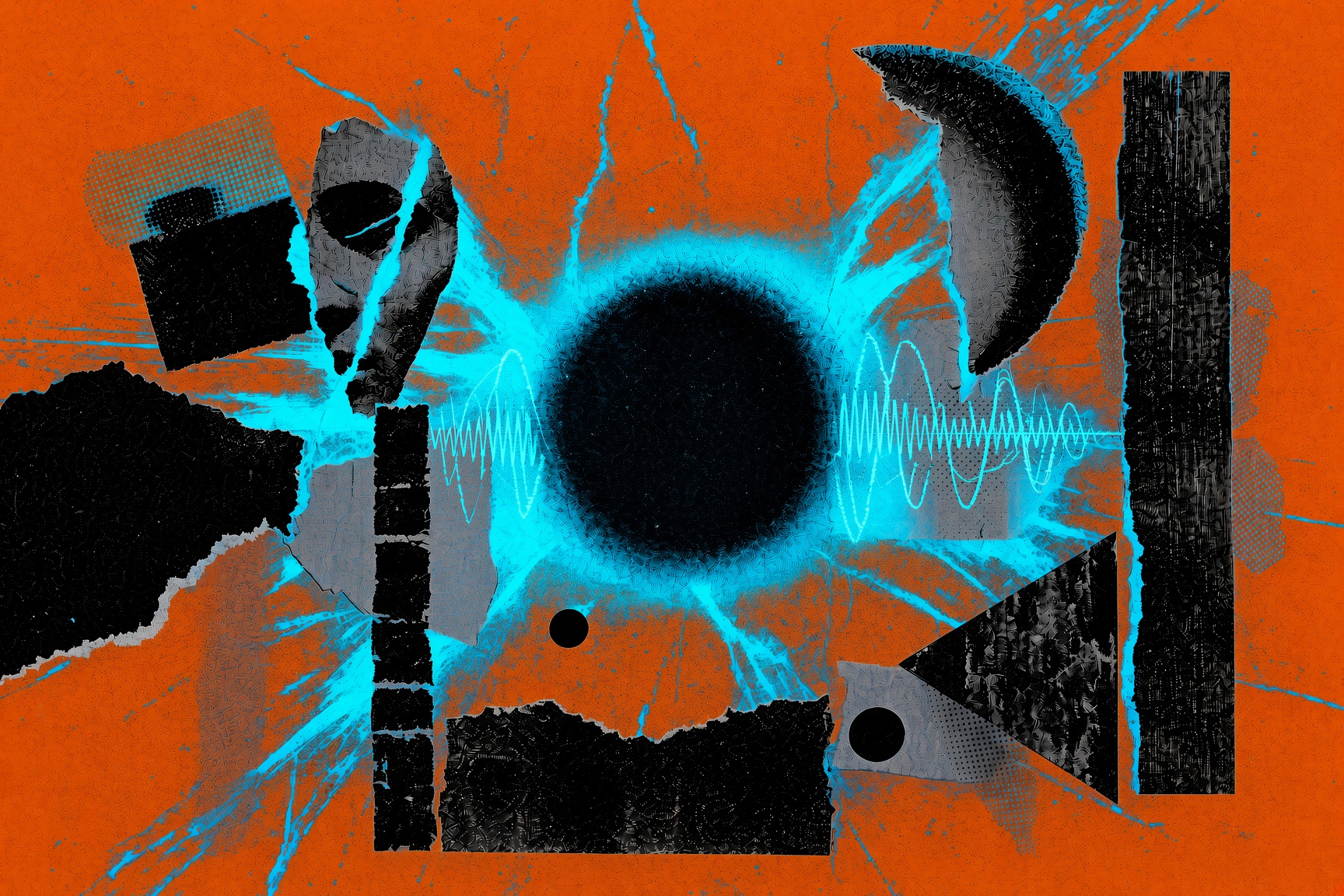 Xerox collage: black circle, cyan voltage, torn geometry on orange