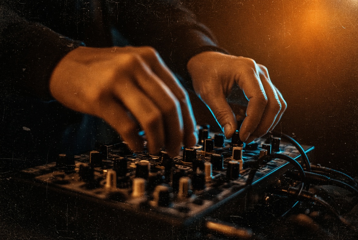 Hands mid-twist on analog knobs, tungsten heat