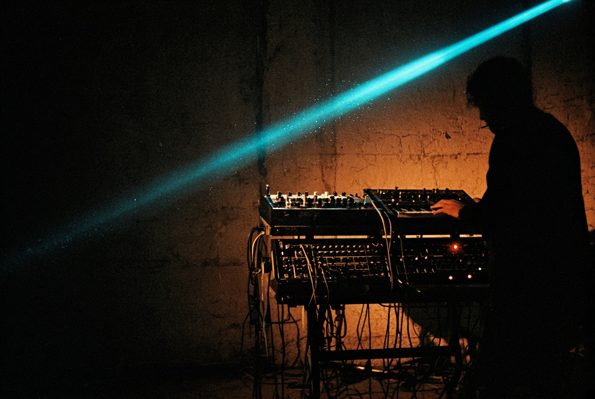 Operator silhouette at the compact live rig, one cyan beam through warehouse dust