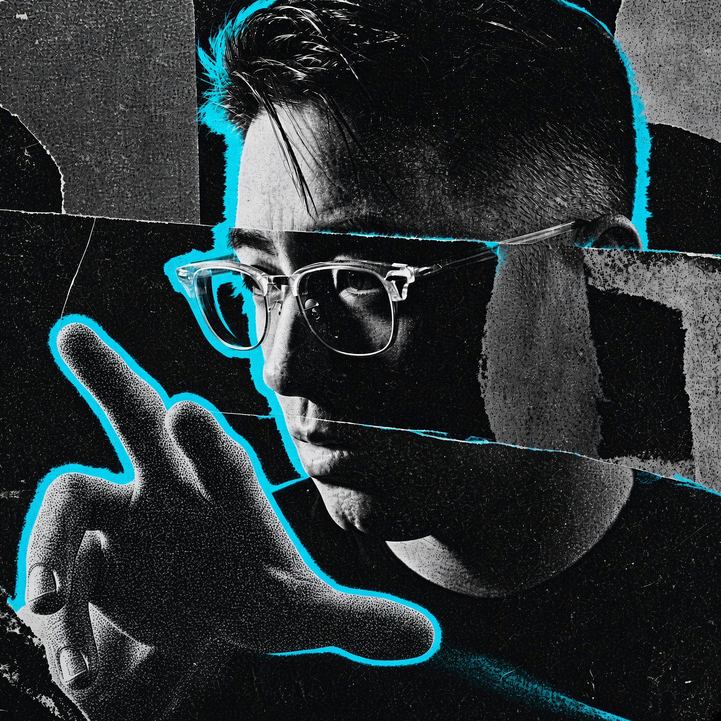 Xeroxed portrait of the HEARO operator, cyan outline, hand raised mid-set