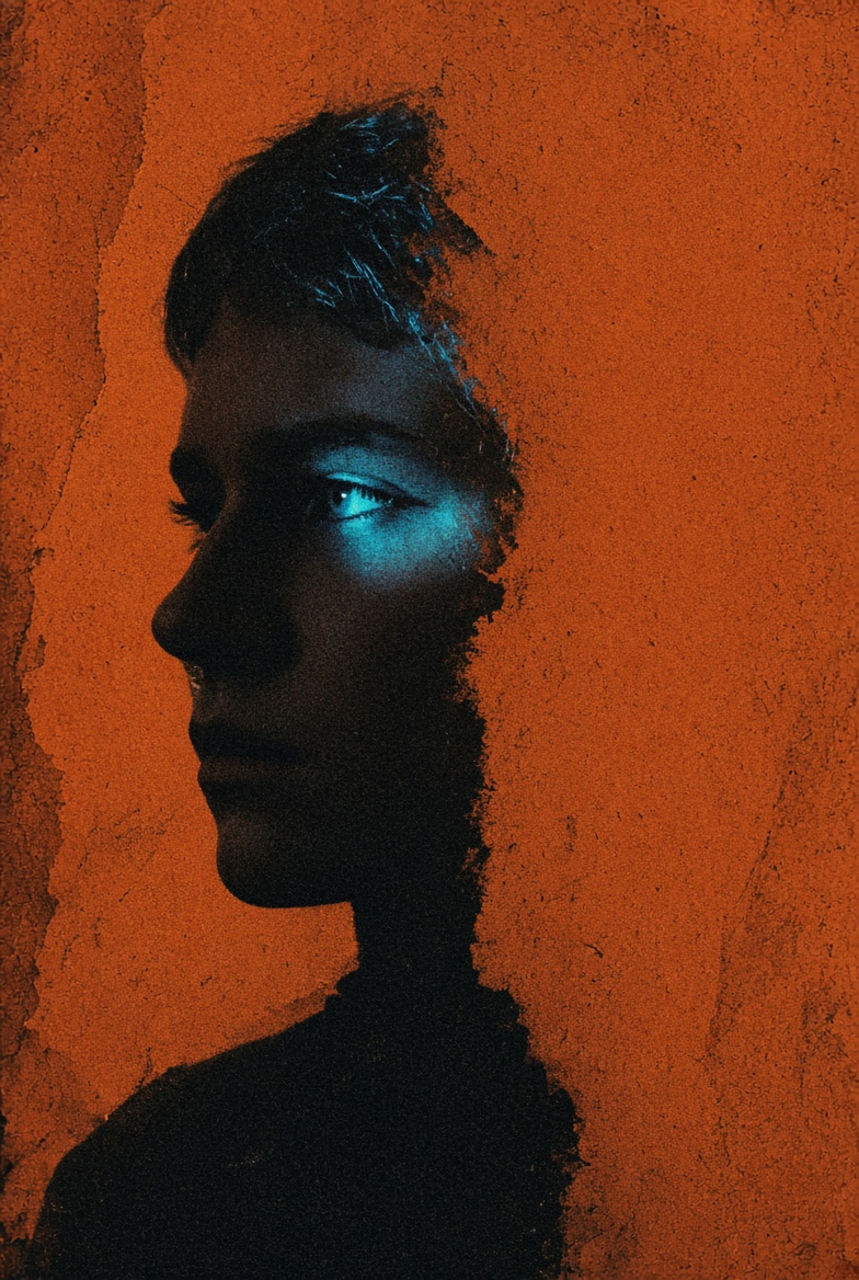 Profile half-cut from burnt orange paper, one cyan eye