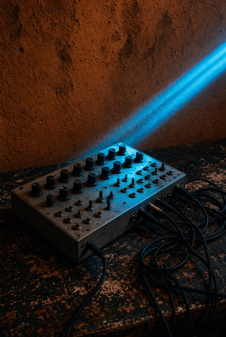 Silver modular synth on rusted steel, cyan beam across an orange wall