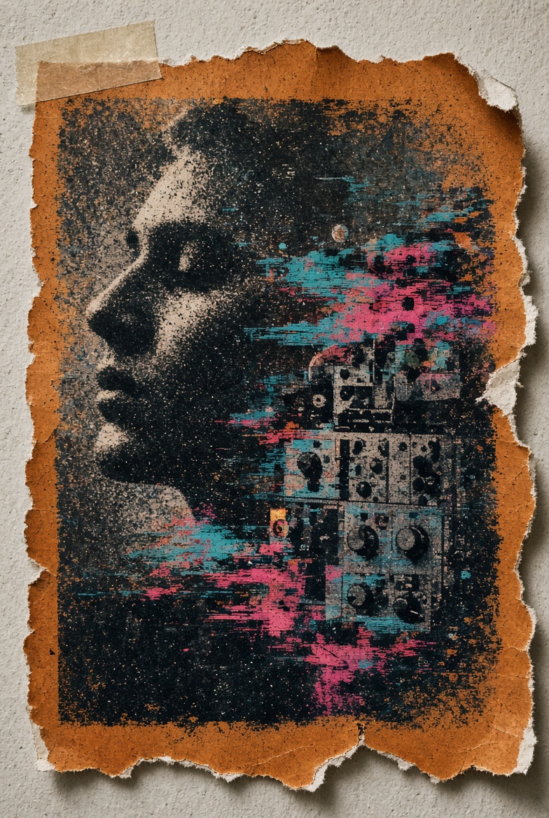 Torn xerox poster taped to a wall: face dissolving into machines